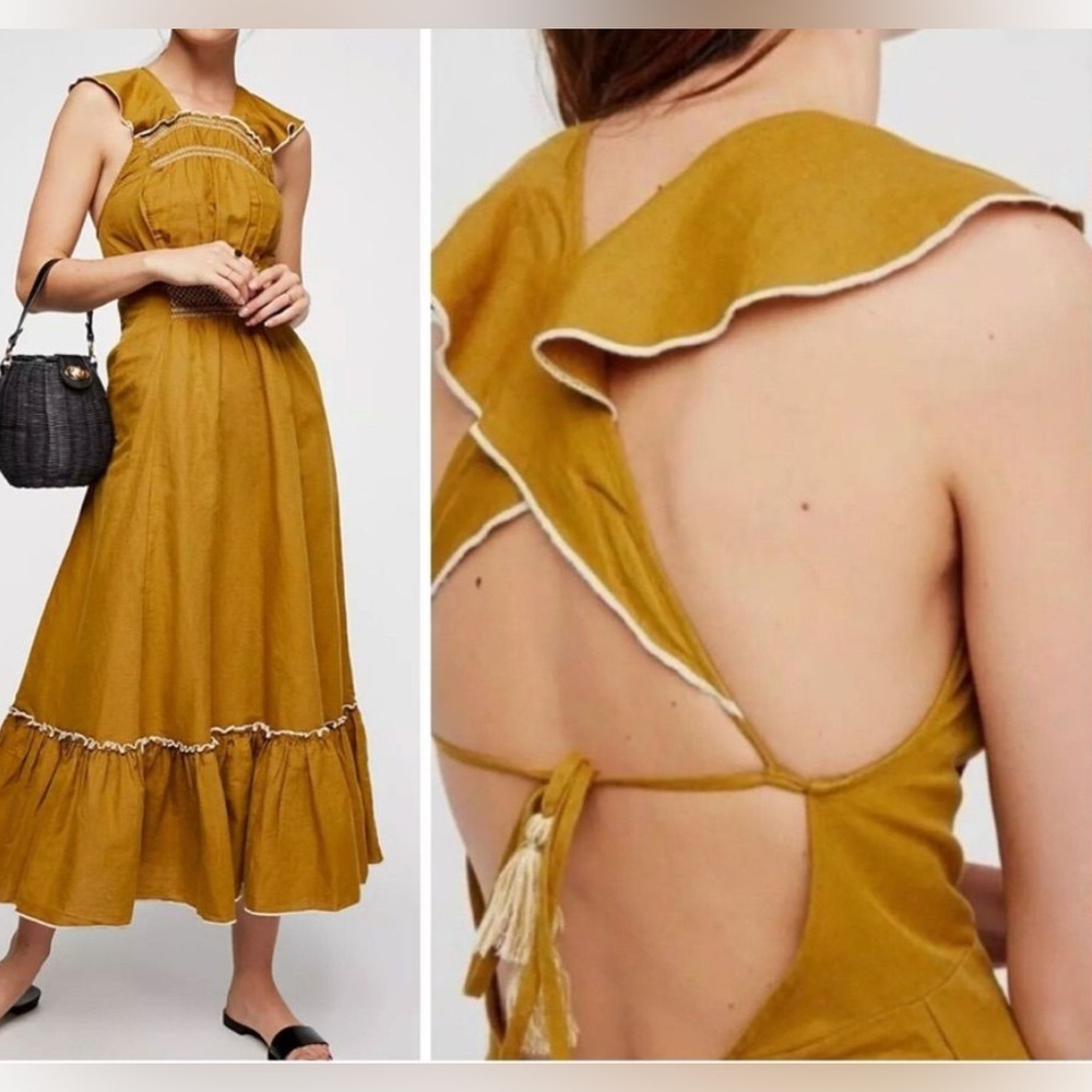 Free People Mustard Yellow Backless Ruffle Midi Dress